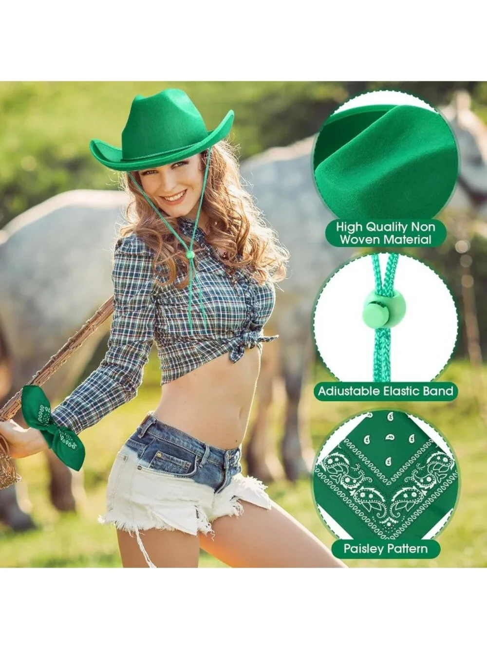 Men's Green Bandanas Bulk Adjustable Felt Western Cowboy Cowgirl Hat 12 Pcs